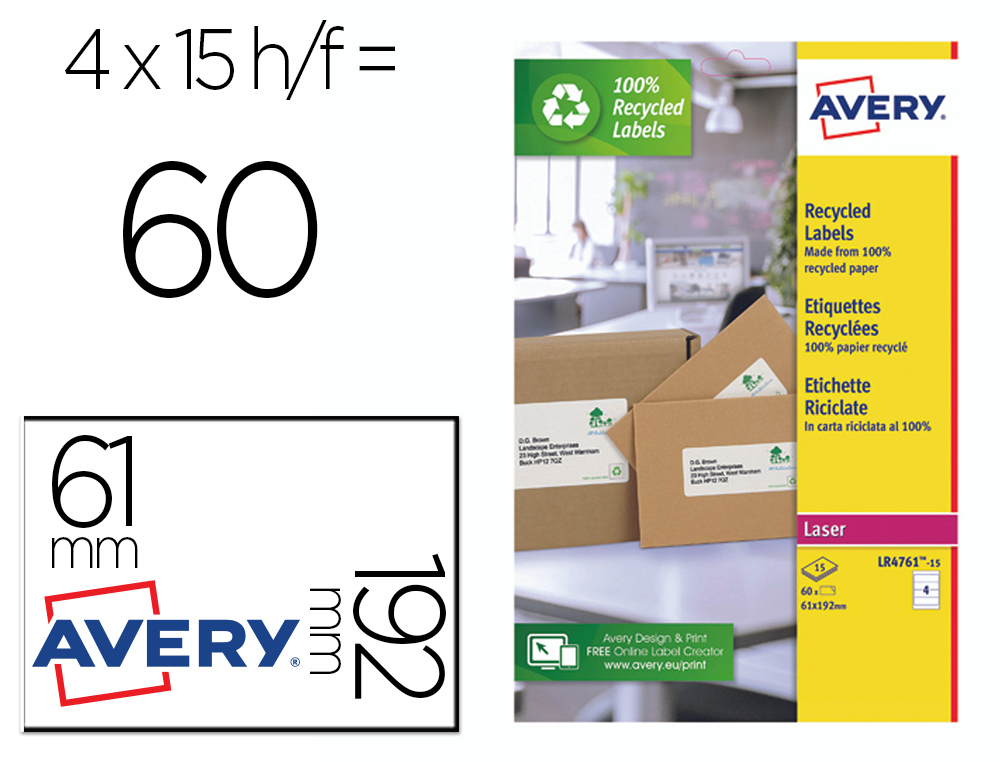 ETIQUETA ADHESIVA AVERY PAPEL BLANCO RECICLADO PARA ARCHIVADOR 192X61 MM LASER PACK DE 400 ETIQUETAS