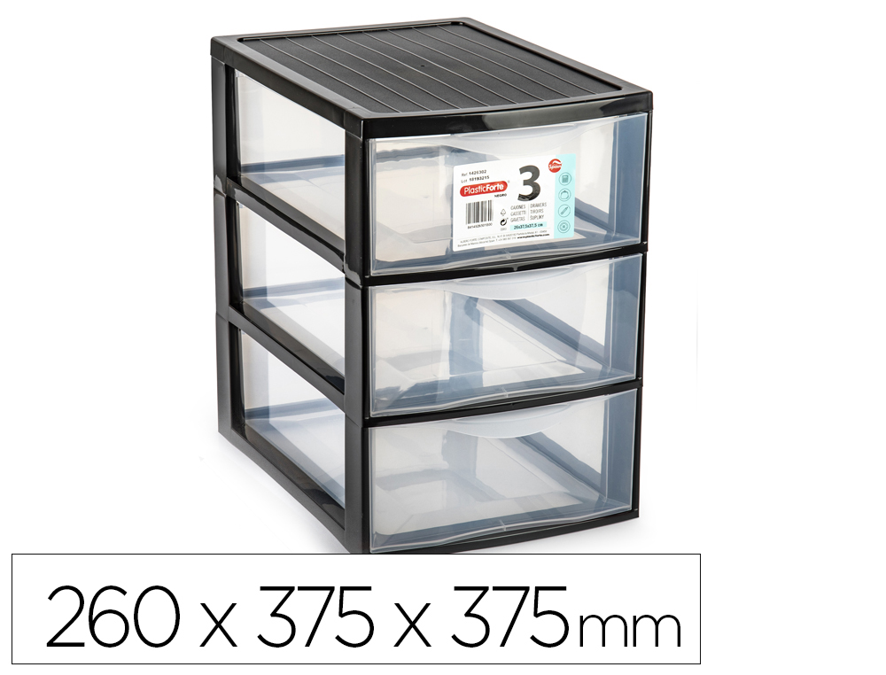 CAJONERA PLASTIFORTE EBRO 3 CAJONES COLOR NEGRO 260X375X375 MM