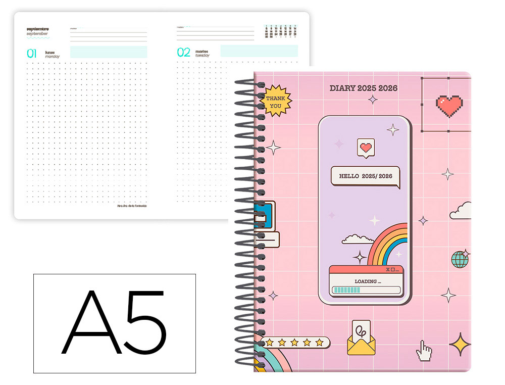 AGENDA ESCOLAR LIDERPAPEL 25-26 ESPIRAL PIXEL ROSA DIA PAGINA A5 BILINGE PAPEL FSC 80 GR