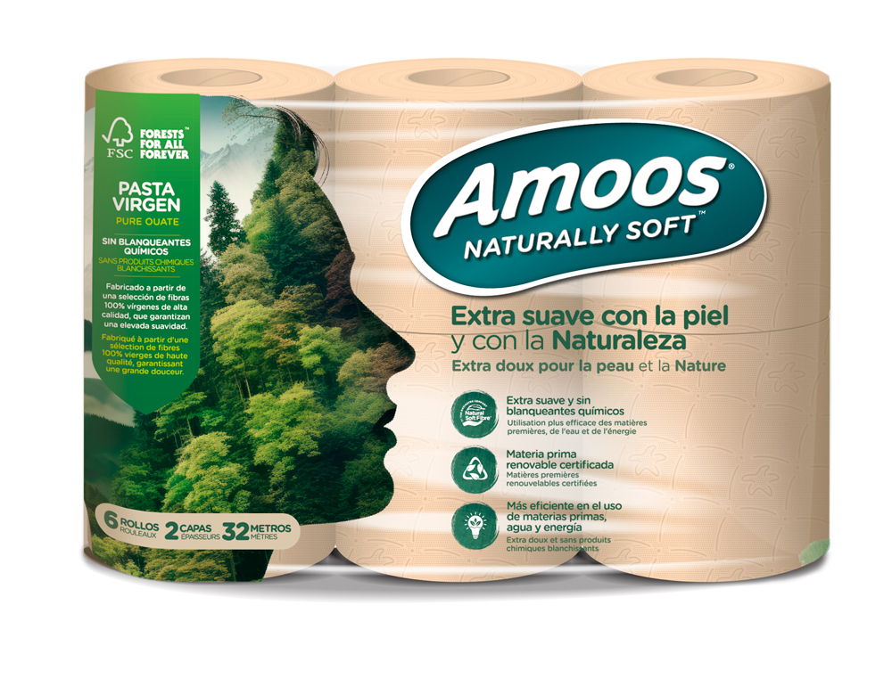 PAPEL HIGIENICO AMOOS NATURALLY SOFT 2 CAPAS PASTA CRUDA PAQUETE DE 6 ROLLOS 32 M