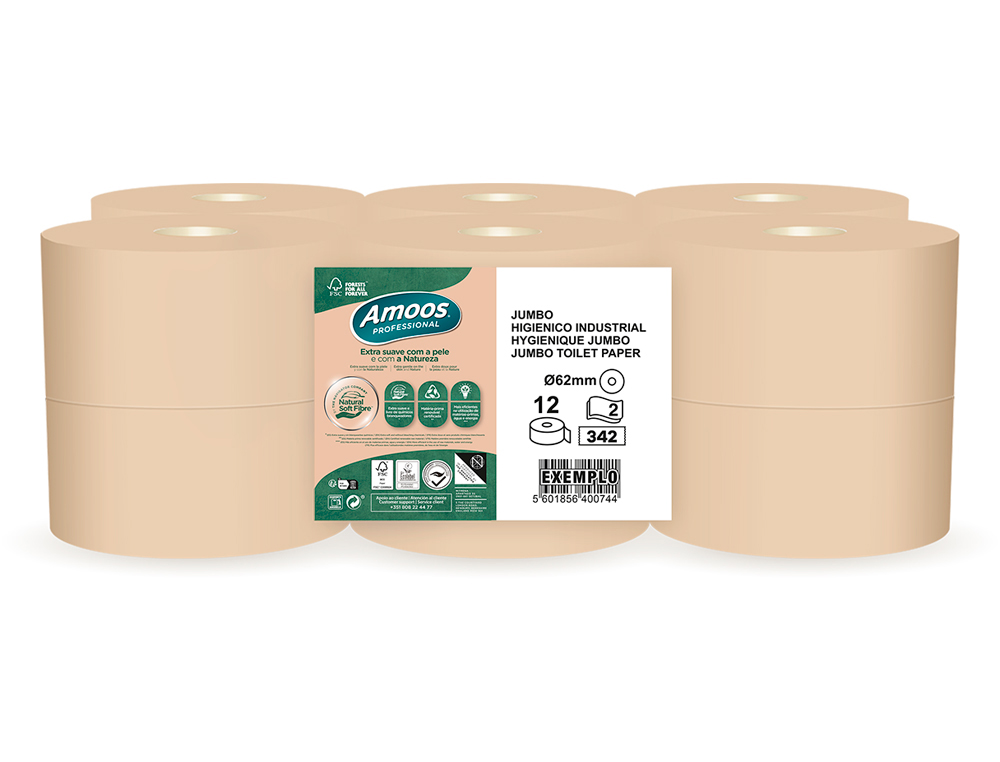 PAPEL HIGIENICO AMOOS NATURALLY JUMBO PROFESSIONAL 2 CAPAS PASTA CRUDA PAQUETE DE 6 ROLLOS 120 M