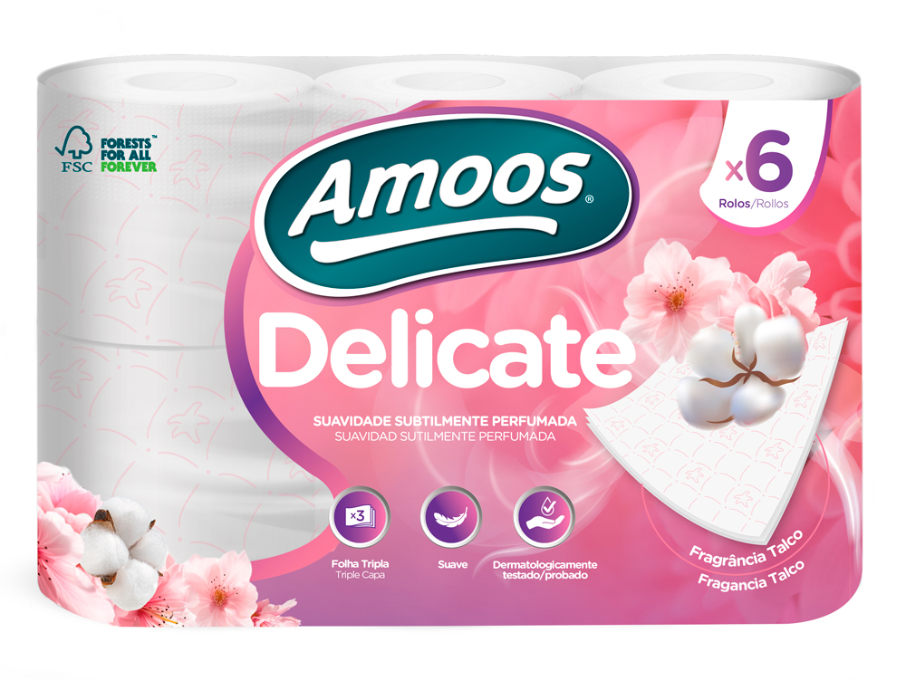 PAPEL HIGIENICO AMOOS DELICATE 3 CAPAS COLOR BLANCO PAQUETE DE 6 ROLLOS 20 M