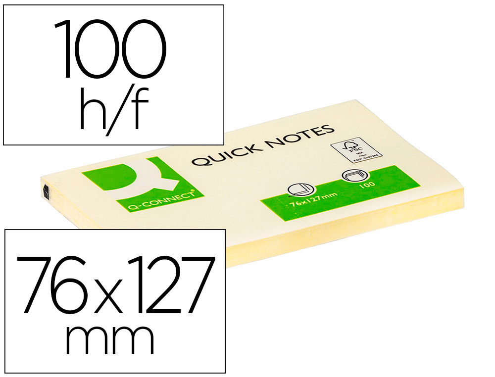 BLOC DE NOTAS ADHESIVAS QUITA Y PON Q-CONNECT 76X127 MM CON 100 HOJAS