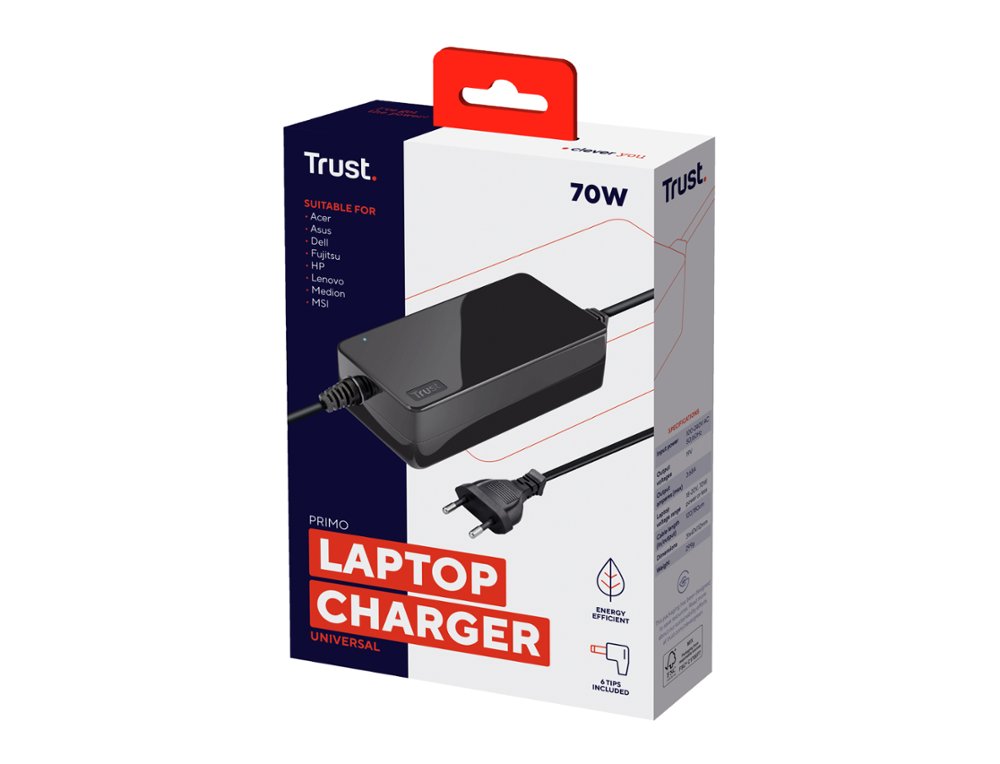 ADAPTADOR DE CORRIENTE TRUST PRIMO UNIVERSAL PARA PORTATIL CHARGER 19V-70W CON 6 CONECTORES