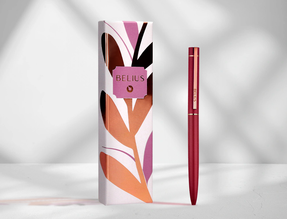 BOLIGRAFO BELIUS ROSE ALUMINIO COLOR BURDEOS ORO ROSA TINTA AZUL CAJA DE DISEÑO