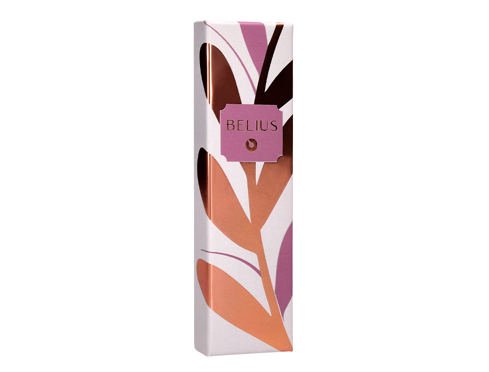 BOLIGRAFO BELIUS ROSE ALUMINIO COLOR BURDEOS ORO ROSA TINTA AZUL CAJA DE DISEÑO