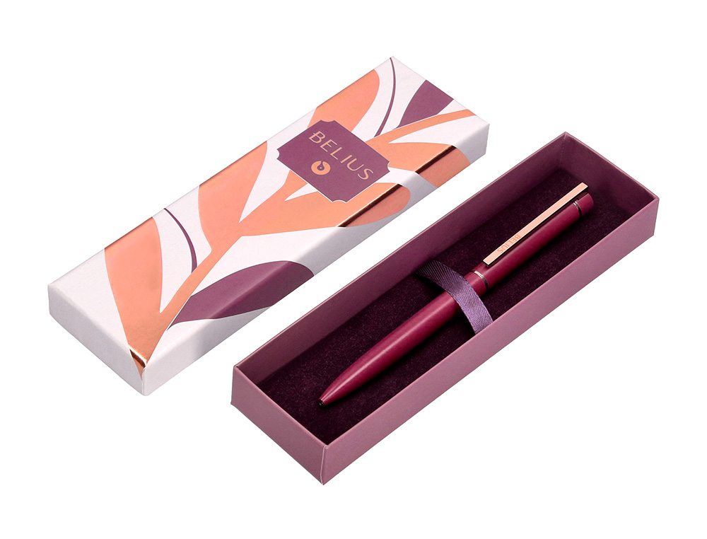 BOLIGRAFO BELIUS ROSE ALUMINIO COLOR BURDEOS ORO ROSA TINTA AZUL CAJA DE DISEÑO
