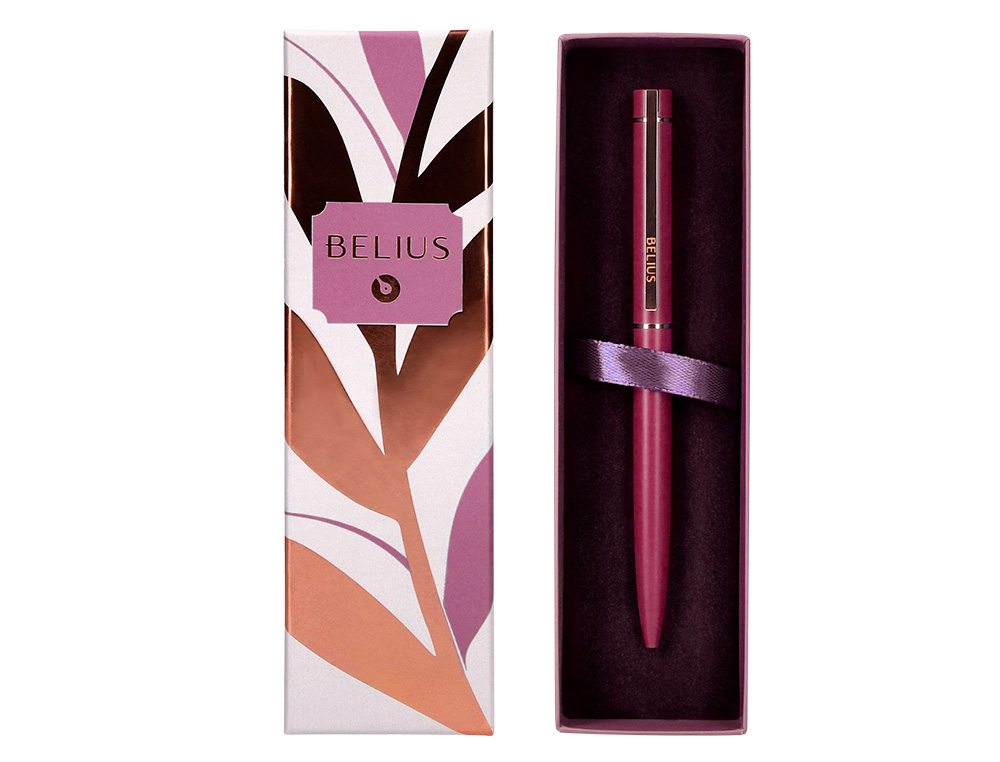 BOLIGRAFO BELIUS ROSE ALUMINIO COLOR BURDEOS ORO ROSA TINTA AZUL CAJA DE DISEÑO