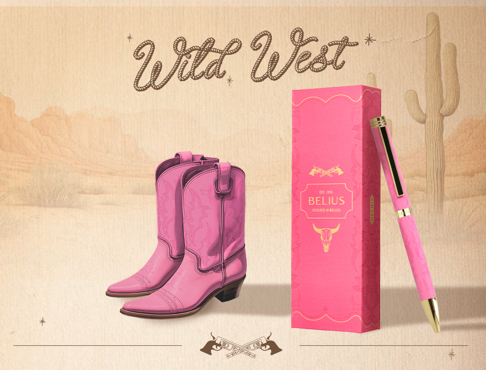 BOLIGRAFO BELIUS WILD WEST ALUMINIO COLOR ROSA DORADO TINTA COLOR AZUL CAJA DE DISEÑO