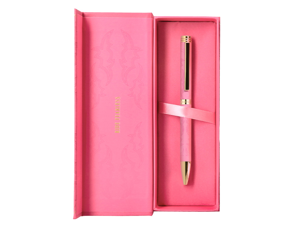 BOLIGRAFO BELIUS WILD WEST ALUMINIO COLOR ROSA DORADO TINTA COLOR AZUL CAJA DE DISEÑO