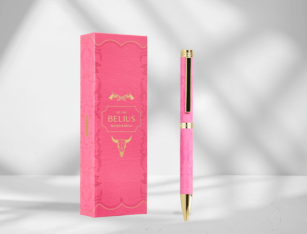 BOLIGRAFO BELIUS WILD WEST ALUMINIO COLOR ROSA DORADO TINTA COLOR AZUL CAJA DE DISEÑO