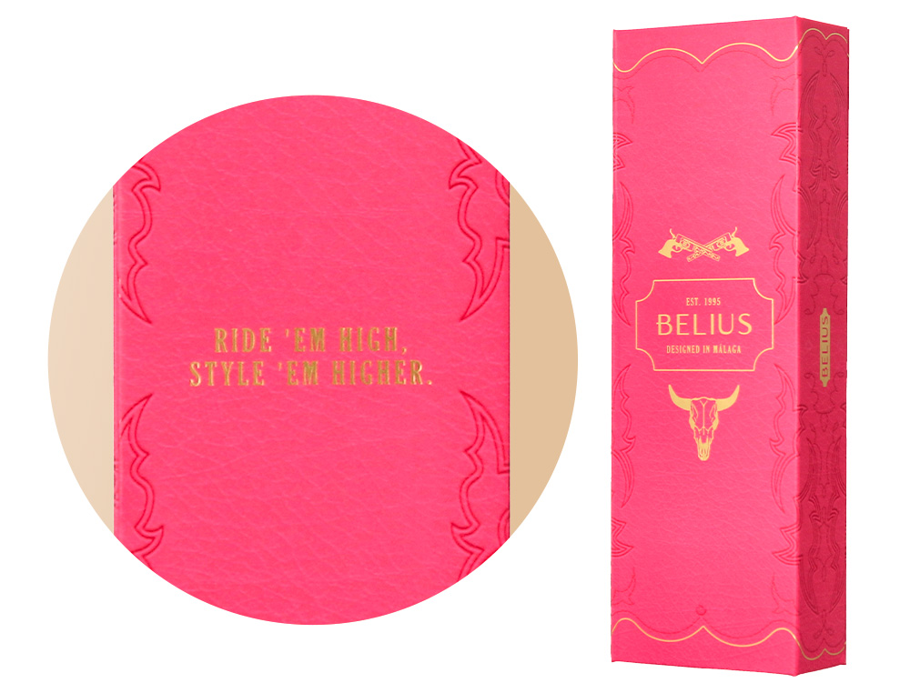 BOLIGRAFO BELIUS WILD WEST ALUMINIO COLOR ROSA DORADO TINTA COLOR AZUL CAJA DE DISEÑO