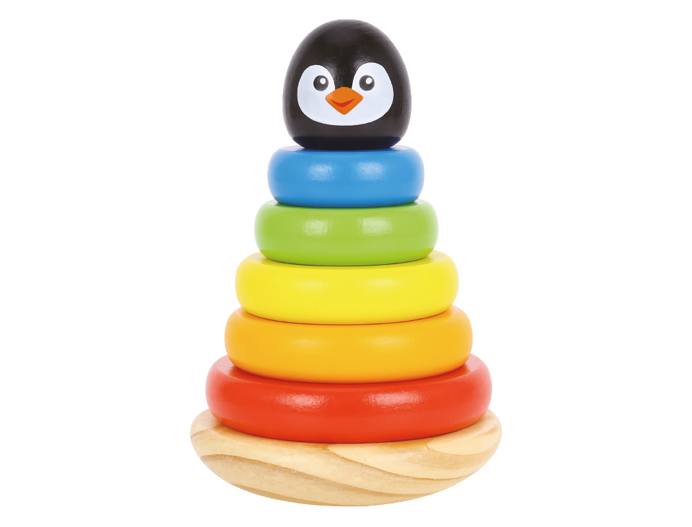 JUEGO INFANTIL IMAGINOVO MADERA FORMA DE PINGUINO TORRE DE FORMAS APILABLES +12 MESES 7 PIEZAS 18X12X12CM