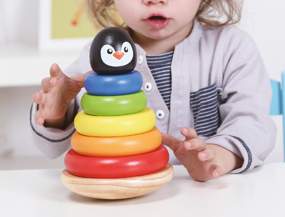JUEGO INFANTIL IMAGINOVO MADERA FORMA DE PINGUINO TORRE DE FORMAS APILABLES +12 MESES 7 PIEZAS 18X12X12CM