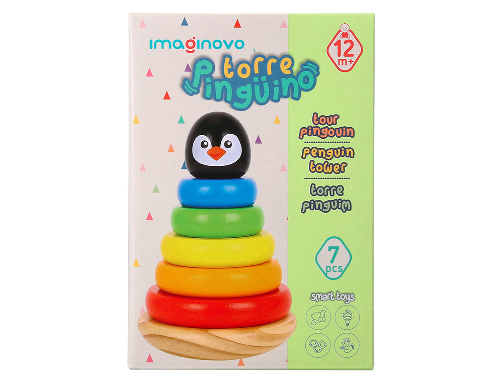 JUEGO INFANTIL IMAGINOVO MADERA FORMA DE PINGUINO TORRE DE FORMAS APILABLES +12 MESES 7 PIEZAS 18X12X12CM