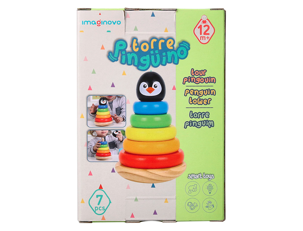 JUEGO INFANTIL IMAGINOVO MADERA FORMA DE PINGUINO TORRE DE FORMAS APILABLES +12 MESES 7 PIEZAS 18X12X12CM
