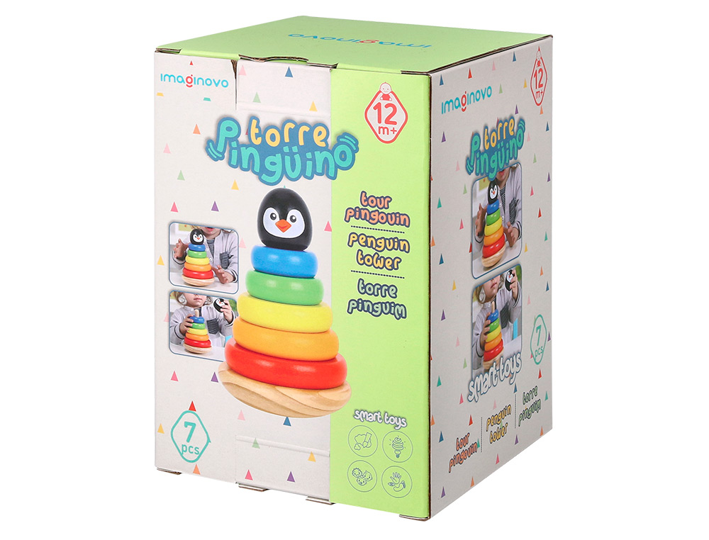 JUEGO INFANTIL IMAGINOVO MADERA FORMA DE PINGUINO TORRE DE FORMAS APILABLES +12 MESES 7 PIEZAS 18X12X12CM