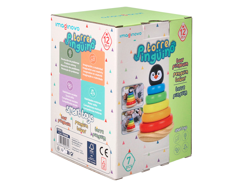 JUEGO INFANTIL IMAGINOVO MADERA FORMA DE PINGUINO TORRE DE FORMAS APILABLES +12 MESES 7 PIEZAS 18X12X12CM