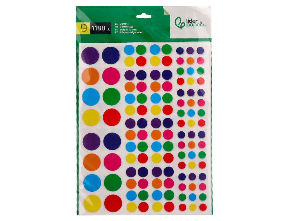 GOMETS LIDERPAPEL AUTOADHESIVO FIGURAS DE COLORES Y TAMAÑOS SURTIDOS BOLSA DE 10 HOJAS 1188 UNIDADES
