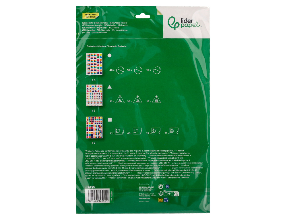 GOMETS LIDERPAPEL AUTOADHESIVO FIGURAS DE COLORES Y TAMAÑOS SURTIDOS BOLSA DE 10 HOJAS 1188 UNIDADES