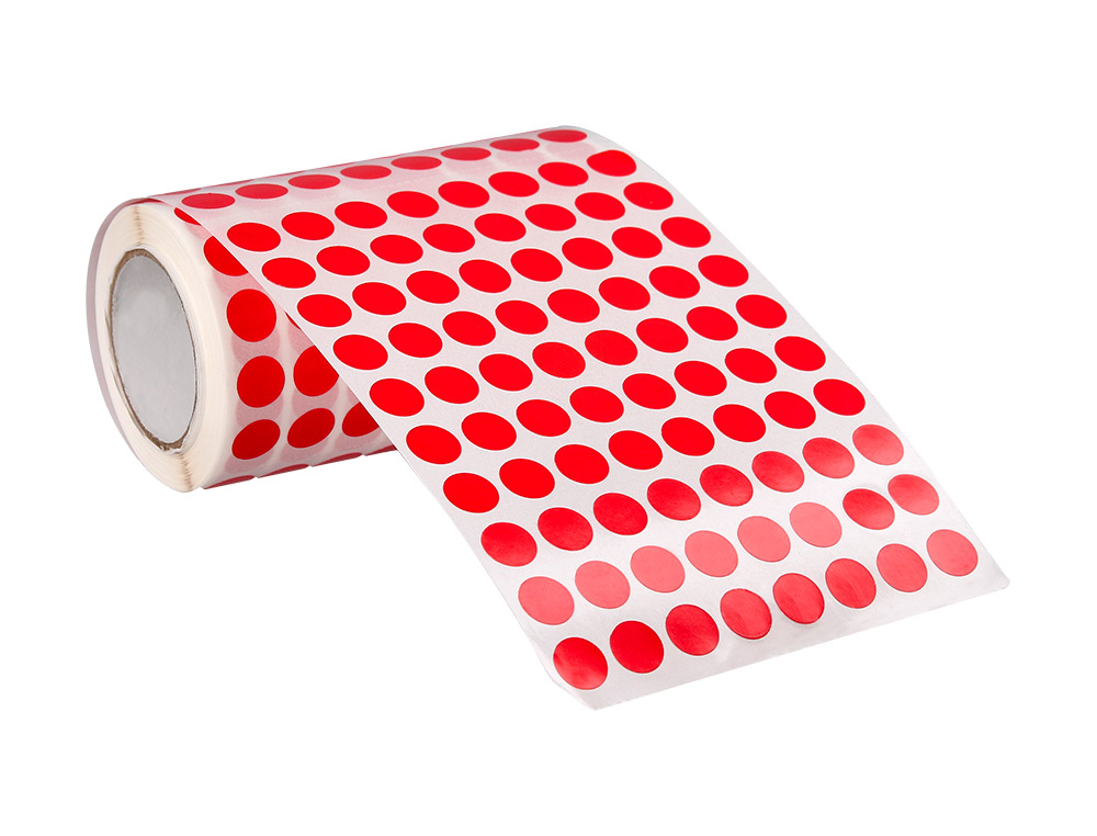 GOMETS LIDERPAPEL AUTOADHESIVO CIRCULOS 10,5 MM ROJO ROLLO DE 6000 UNIDADES EN CAJA DE CARTON