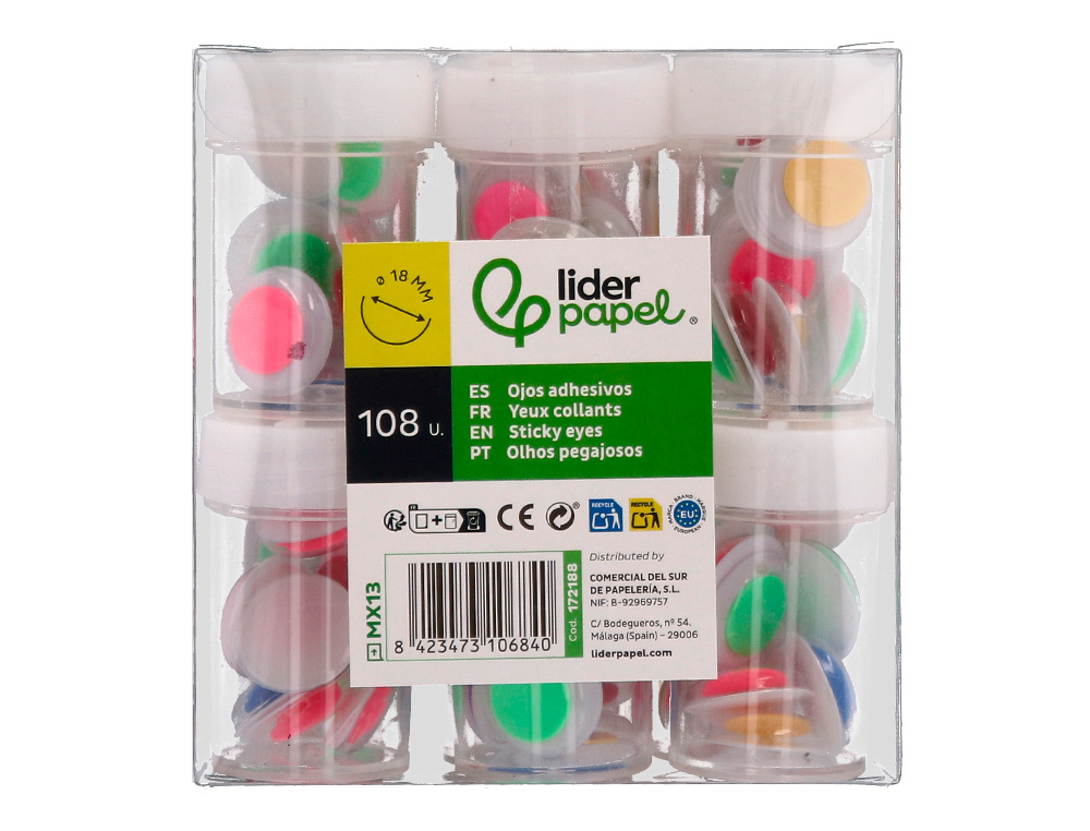 OJO LIDERPAPEL 18 MM BLANCO CON PUPILA DE COLORES SURTIDOS PACK DE 108 UNIDADES