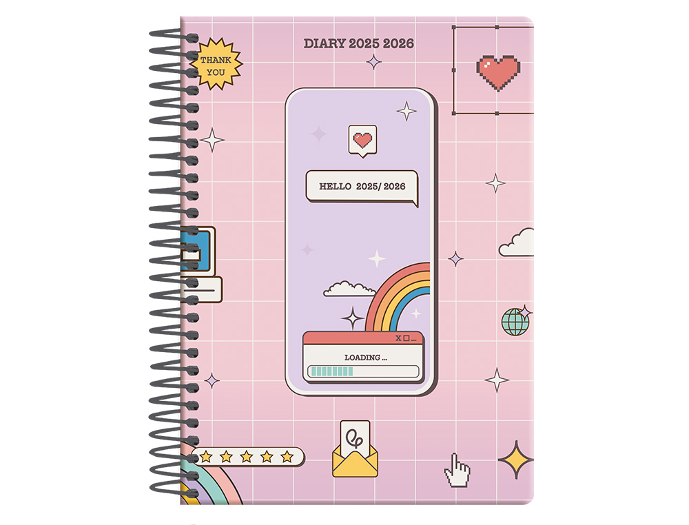 AGENDA ESCOLAR LIDERPAPEL 25-26 ESPIRAL PIXEL ROSA DIA PAGINA A5 BILINGÜE PAPEL FSC 80 GR