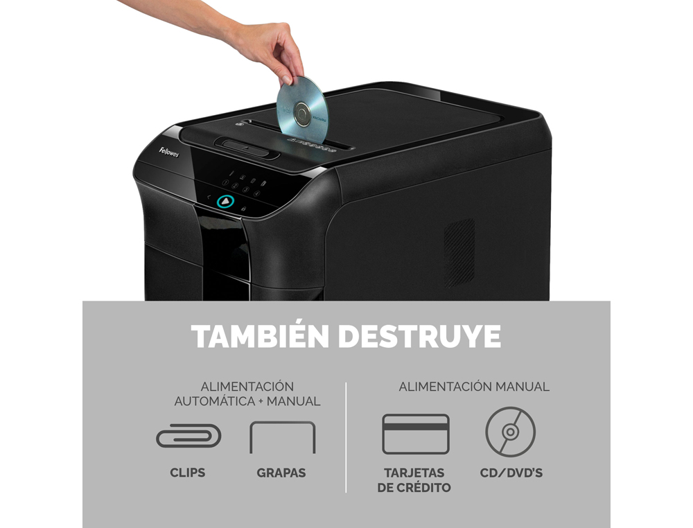 DESTRUCTORA DE DOCUMENTOS FELLOWES 450C CAPACIDAD DE CORTE 450 HOJAS DESTRUYE GRAPAS CLIPS TARJETAS Y CD 68