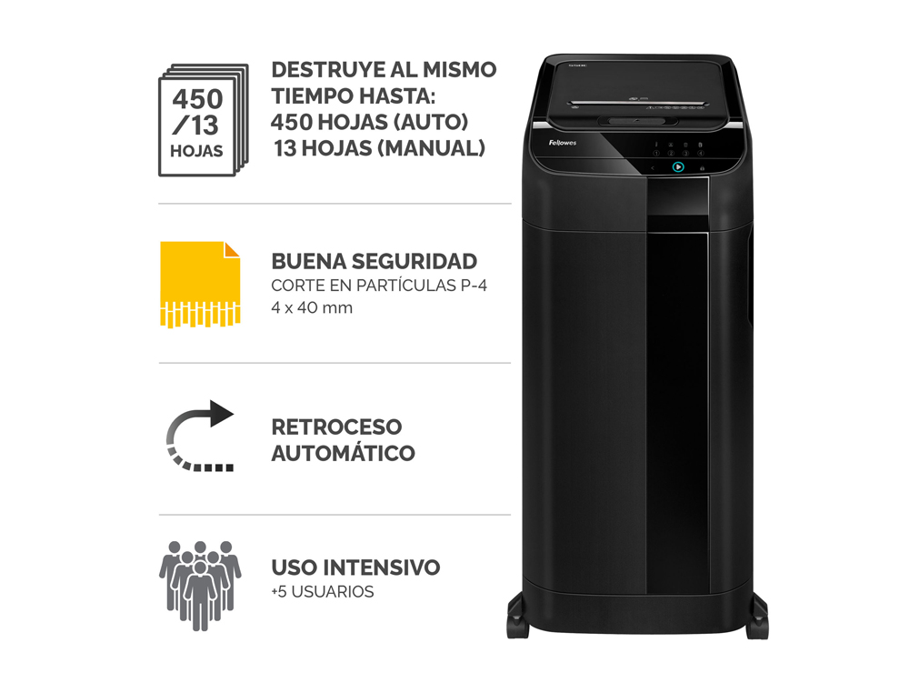 DESTRUCTORA DE DOCUMENTOS FELLOWES 450C CAPACIDAD DE CORTE 450 HOJAS DESTRUYE GRAPAS CLIPS TARJETAS Y CD 68