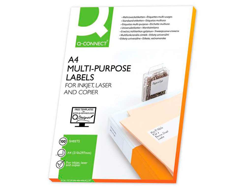 ETIQUETA ADHESIVA Q-CONNECT KF10660 TAMAÑO 105X148,5 MM FOTOCOPIADORA LASER INK-JET CAJA CON 100 HOJAS DIN A4