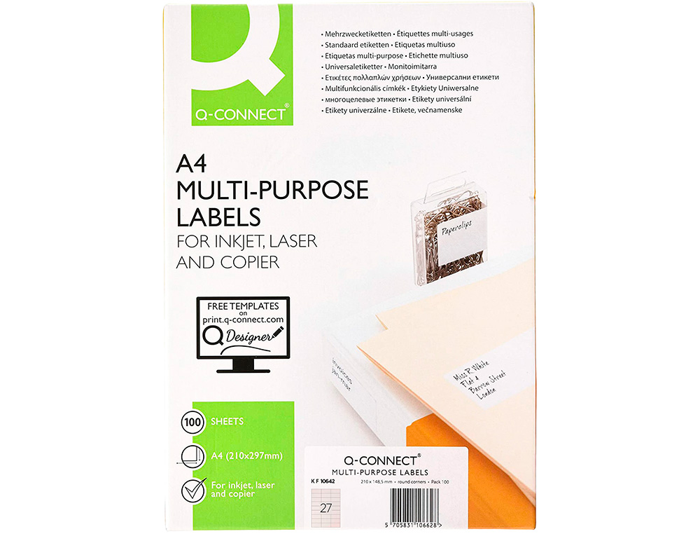 ETIQUETA ADHESIVA Q-CONNECT KF10642 TAMAÑO 70X30 MM FOTOCOPIADORA LASER INK-JET CAJA CON 100 HOJAS DIN A4