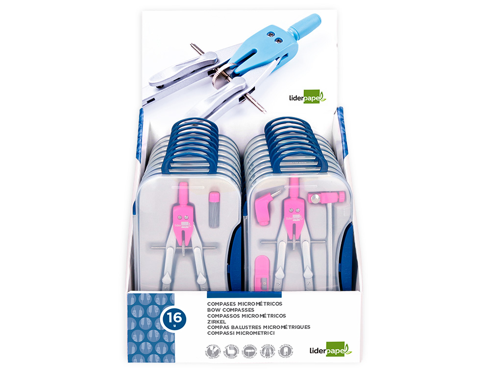 COMPAS LIDERPAPEL CON ADAPATADOR ALARGADERA Y MANGO EXTRA SOFT EXPOSITOR DE 16 ESTUCHES 2 MODELOS