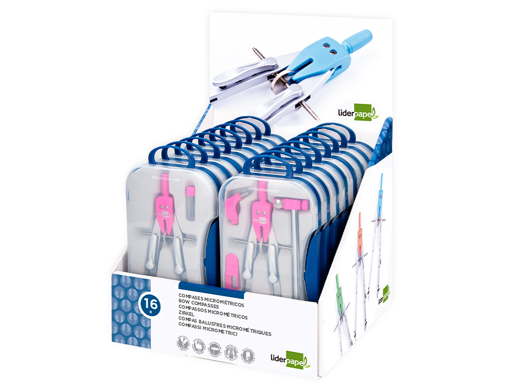 COMPAS LIDERPAPEL CON ADAPATADOR ALARGADERA Y MANGO EXTRA SOFT EXPOSITOR DE 16 ESTUCHES 2 MODELOS