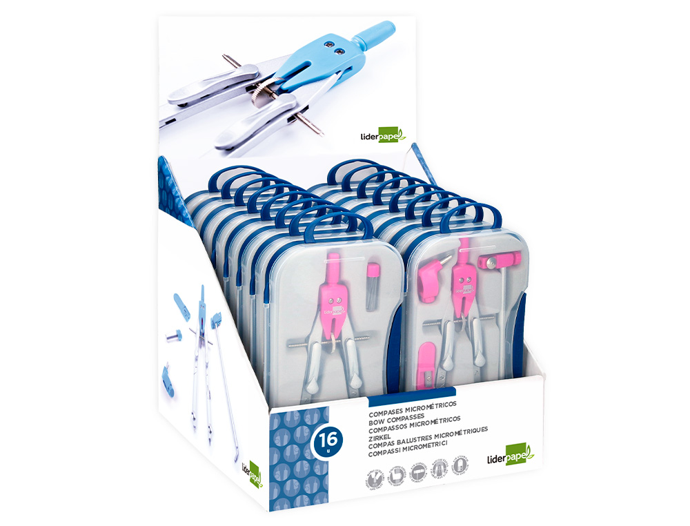 COMPAS LIDERPAPEL CON ADAPATADOR ALARGADERA Y MANGO EXTRA SOFT EXPOSITOR DE 16 ESTUCHES 2 MODELOS