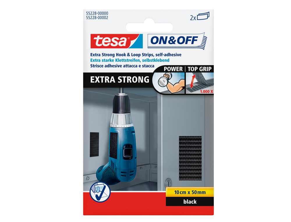 VELCRO ADHESIVO TESA TIRAS 10 CM X 50 MM COLOR NEGRO BLISTER DE 2 UNIDADES UNIDADES